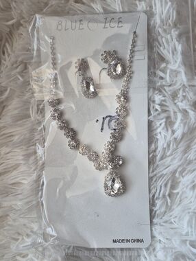 Blue Ice Silver Crystal Teardrop Necklace and Earring Set